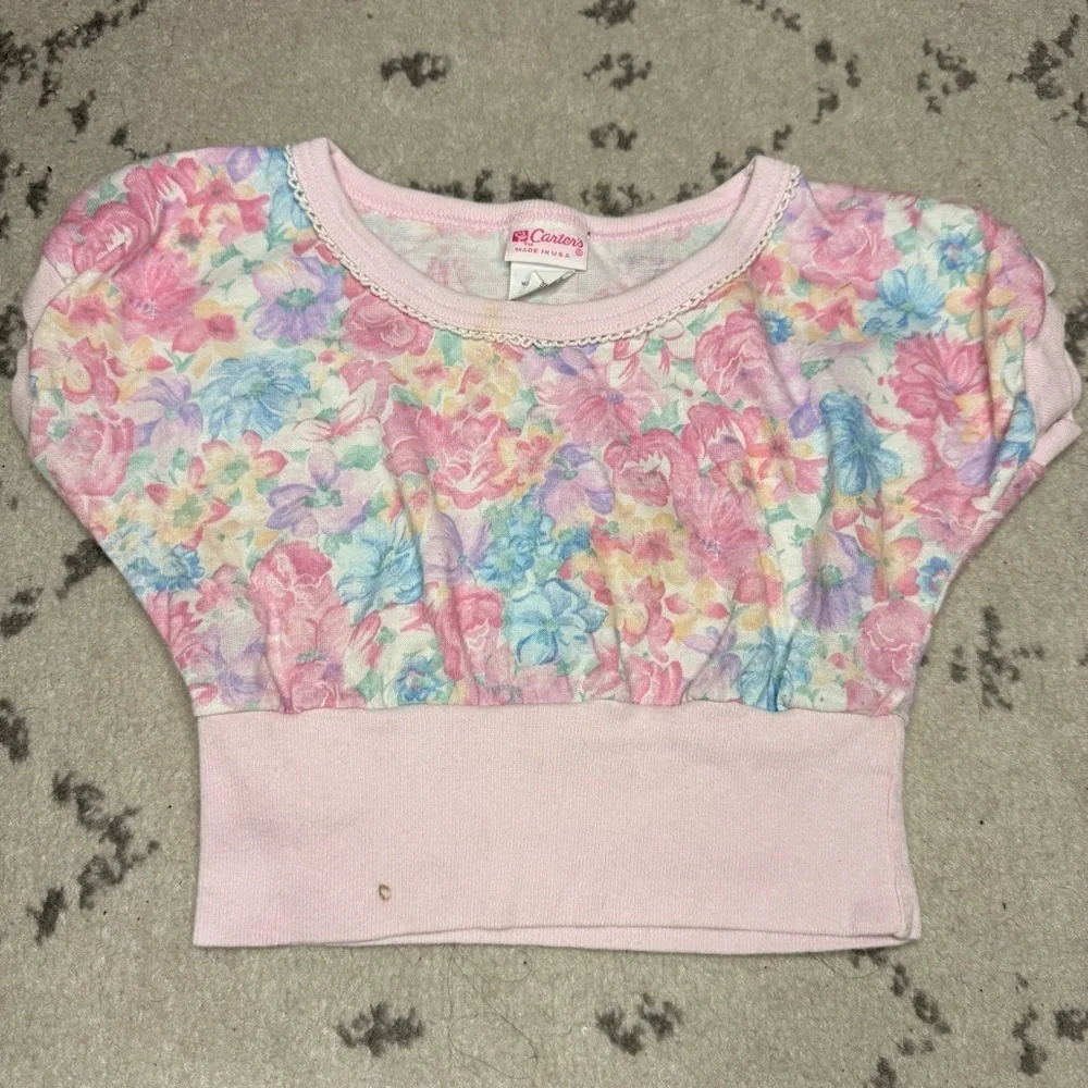 VTG CARTERS Boho Floral Cropped Lace Trim Shirt Top